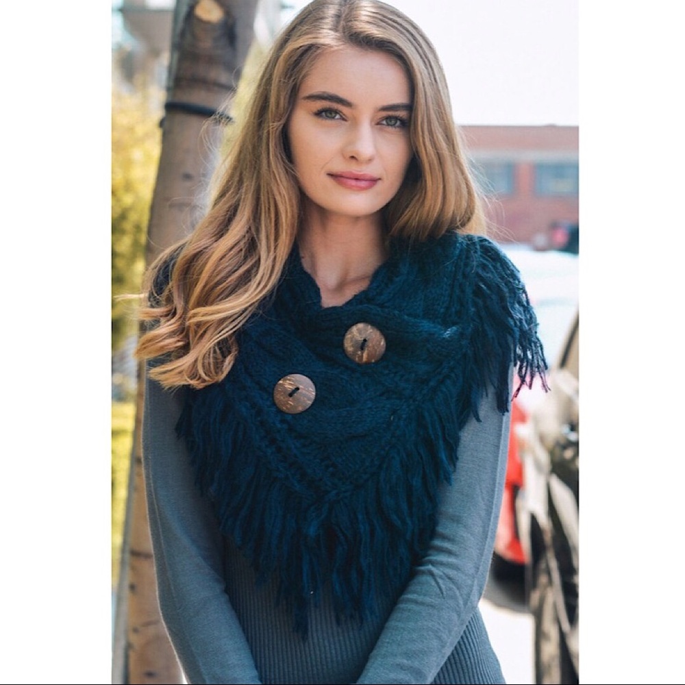 Button Accent Fringe Knit Infinity Scarf In Blue